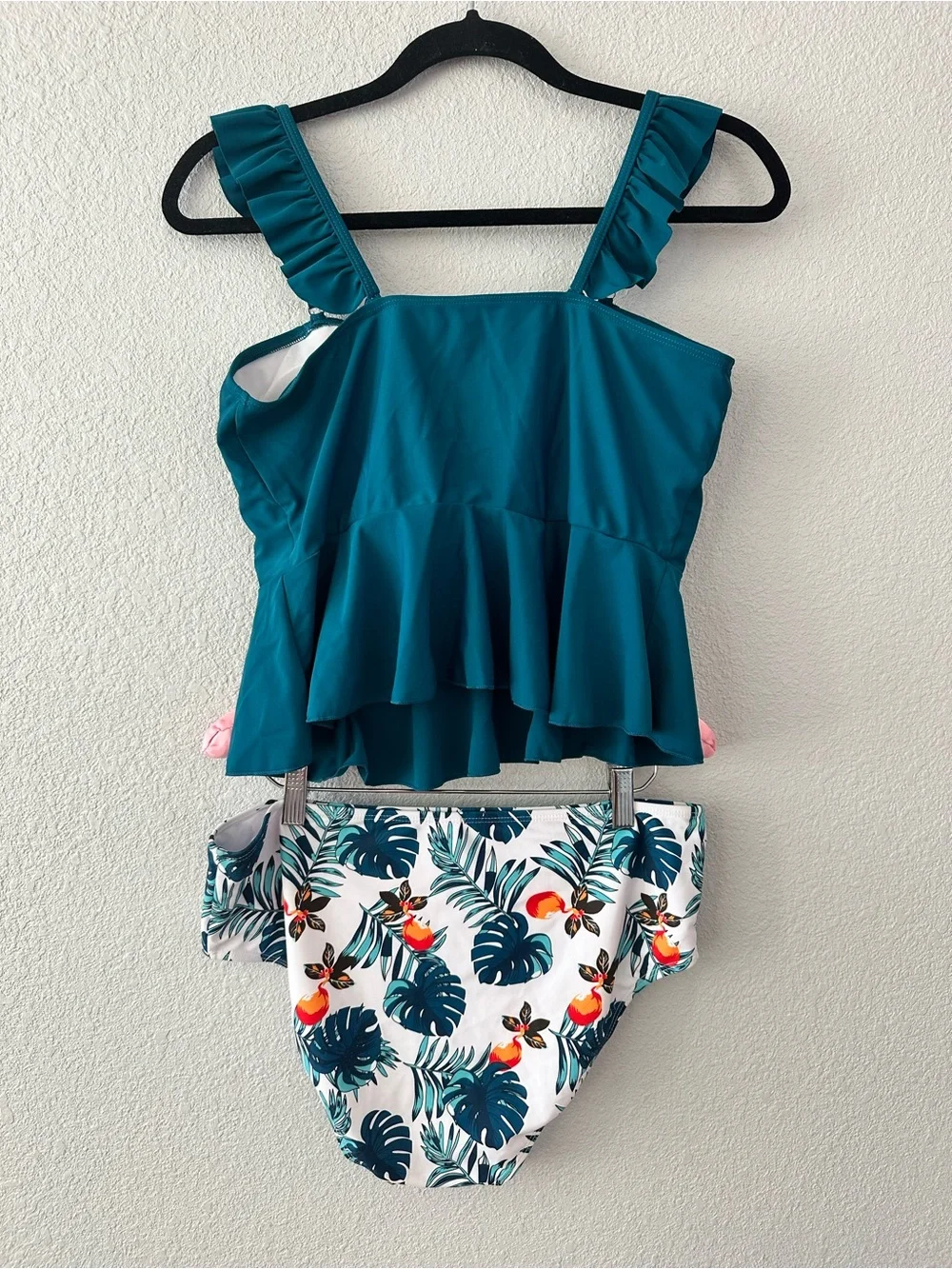 Teal Peplum Tankini with Tropical Print Bottom